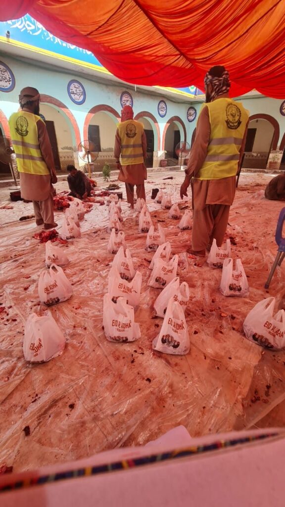 Eid ul adha qurbani meat bags and volunteers