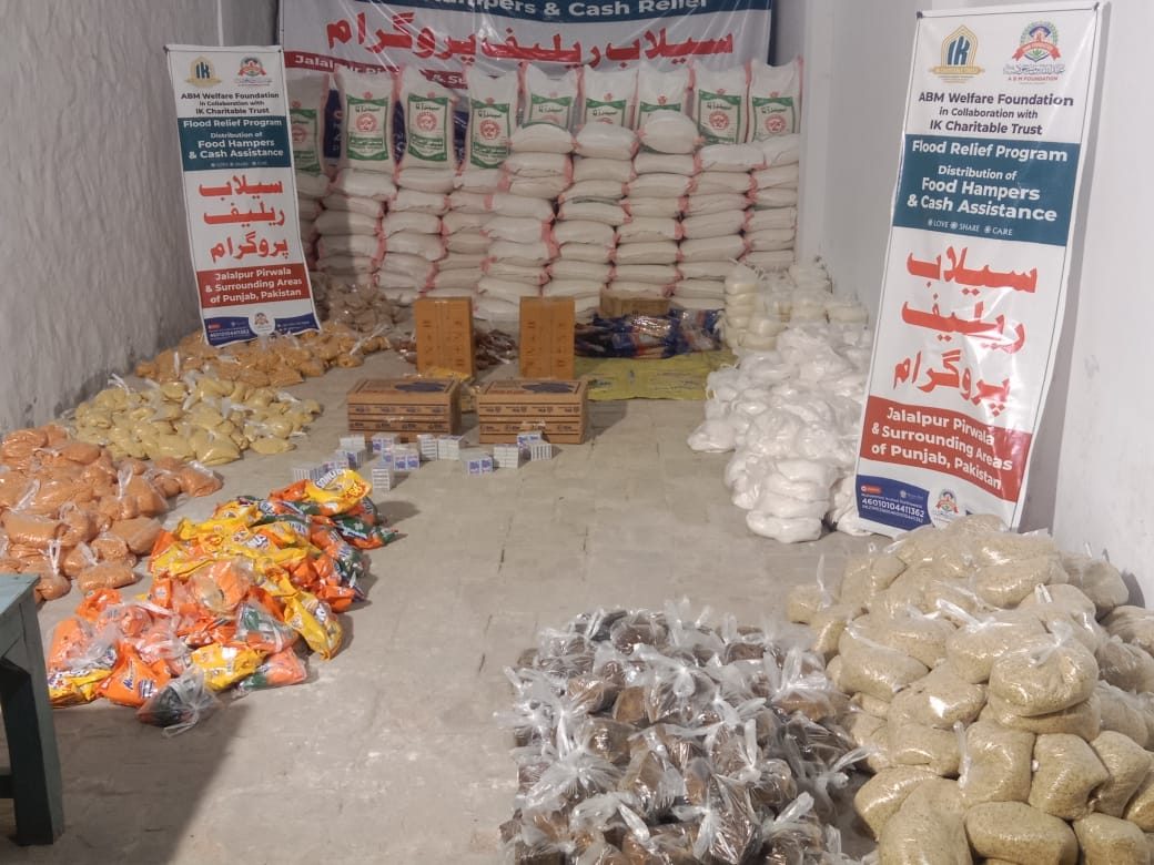 Flood relief food hamper stock ready for distribution
