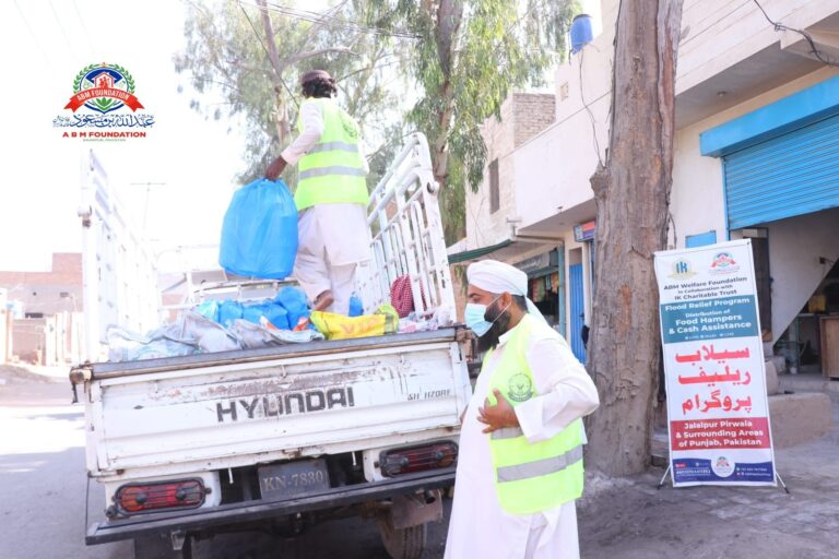 Pickup truck loaded with flood relief aid supplies